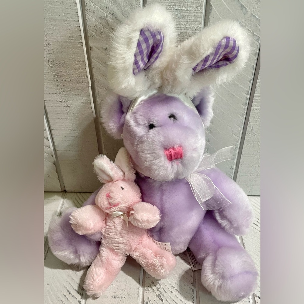 MTY International Co. Easter Plush Purple Teddy Bear Bunny Ears W/Baby Bunny Toy